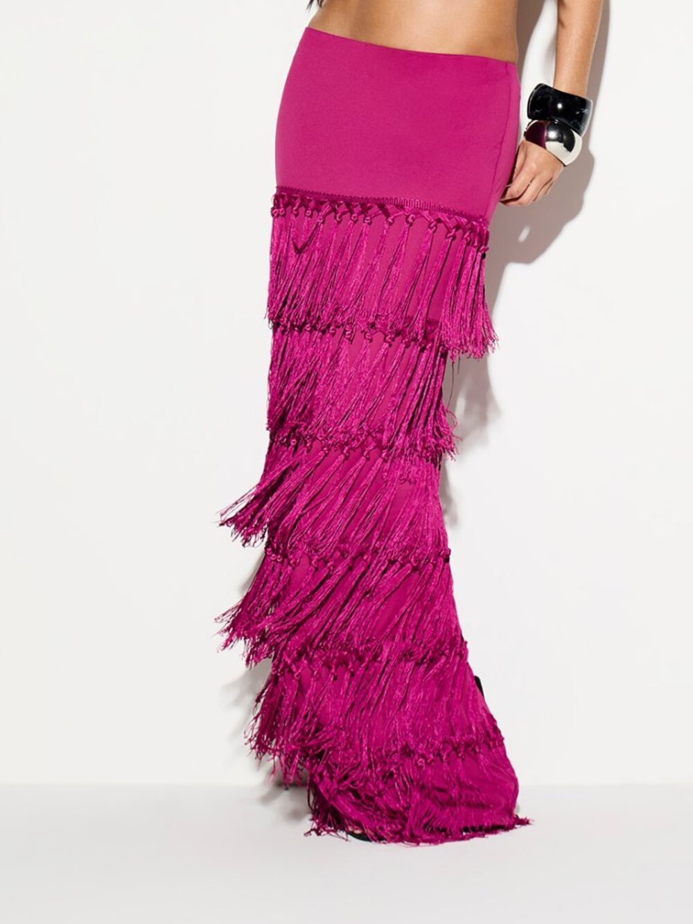 Hot Pink Casual Women's Vibrant Fringe Cover-Up Maxi Skirt with Layered Tassels - Picture 3 of 5